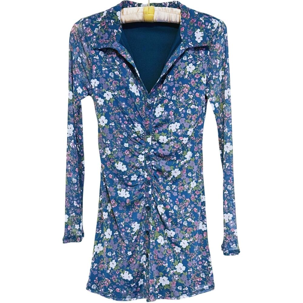 Y2K Cottage Floral Ruched Long Sleeve Shirt Dress Small Blue Preppy Romantic 90s
